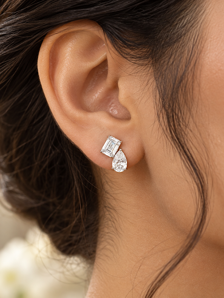 Emerald & Pear Solitaire Studs in 92.5 Sterling Silver Toi et moi