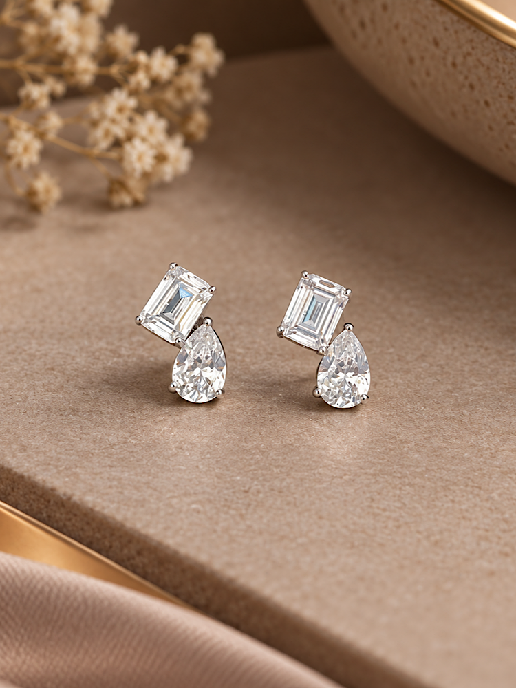 Emerald & Pear Solitaire Studs in 92.5 Sterling Silver Toi et moi