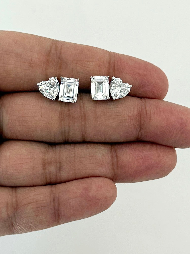 Emerald &Heart Solitaire Studs in 92.5 Sterling Silver Toi et moi