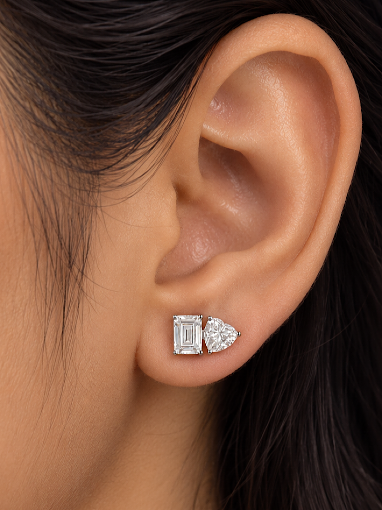 Emerald &Heart Solitaire Studs in 92.5 Sterling Silver Toi et moi