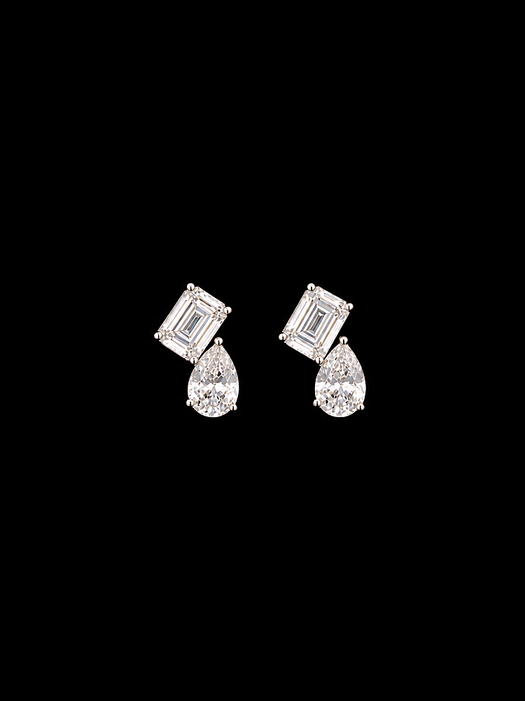Emerald & Pear Solitaire Studs in 92.5 Sterling Silver Toi et moi