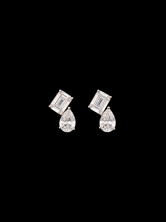 Emerald & Pear Solitaire Studs in 92.5 Sterling Silver Toi et moi