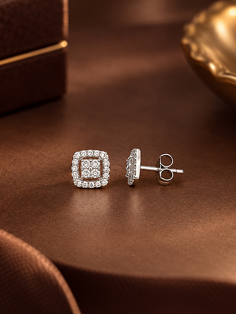 Cushion Cluster CZ Diamond Studs in 92.5 Sterling Silver
