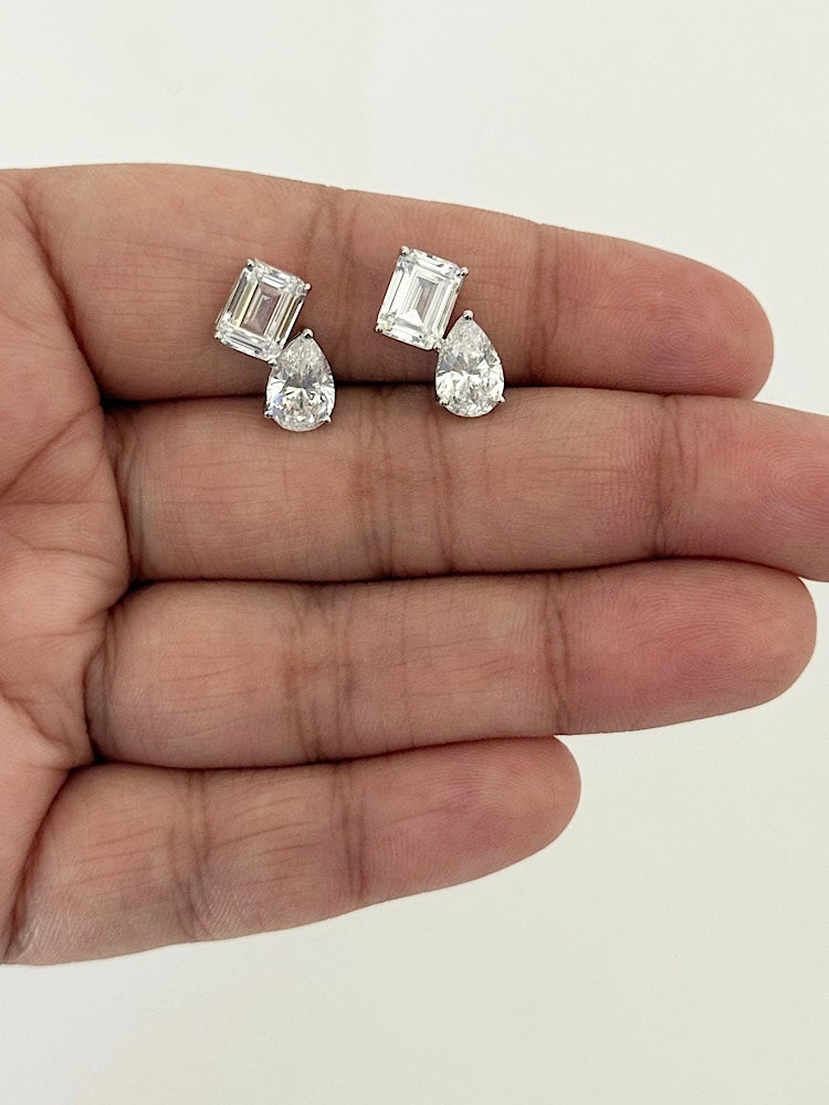 Emerald & Pear Solitaire Studs in 92.5 Sterling Silver Toi et moi