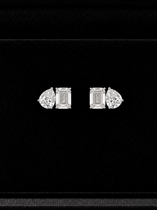 Pear & Emerald Solitaire Studs in 92.5 Sterling Silver Toi et moi