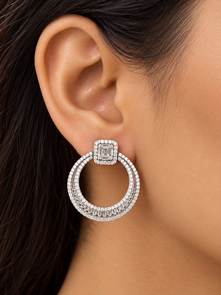 Round and Emerald Studded Earrings 925 Sterling Silvers