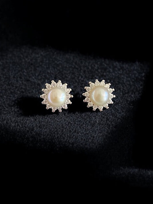 Round Pearl Sterling Silver Earrings