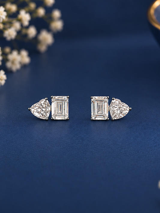 Emerald &Heart Solitaire Studs in 92.5 Sterling Silver Toi et moi