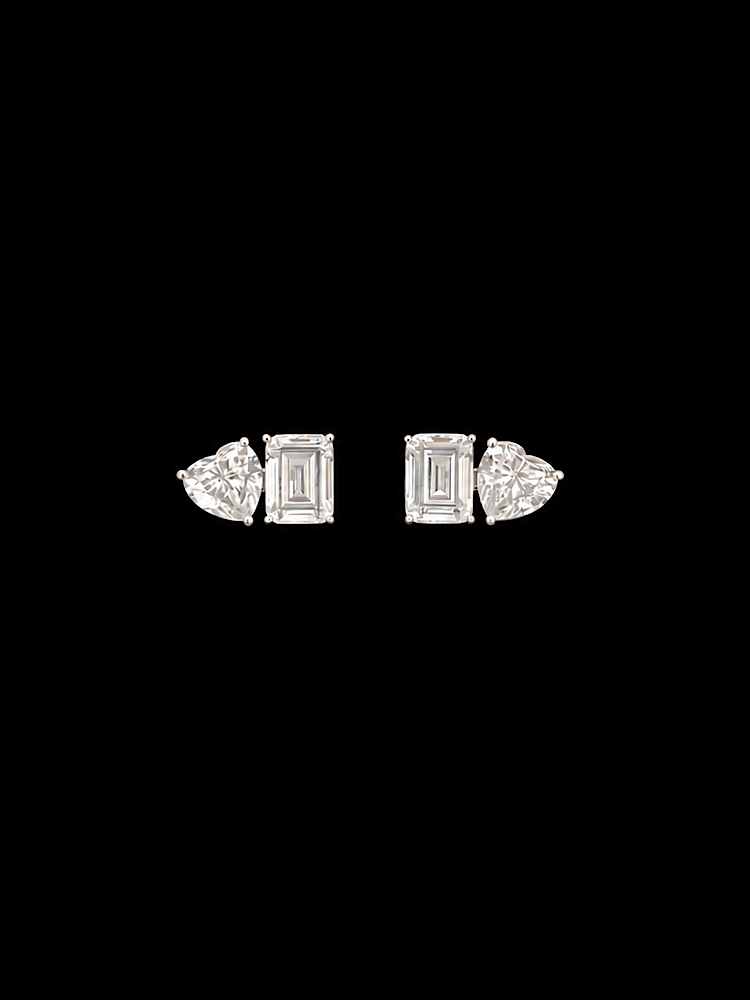 Emerald &Heart Solitaire Studs in 92.5 Sterling Silver Toi et moi