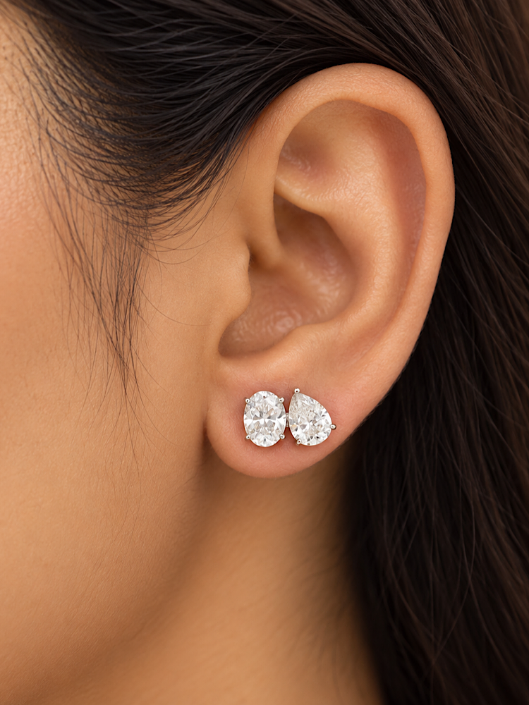 Oval & Pear Solitaire Studs in 92.5 Sterling Silver Toi et moi