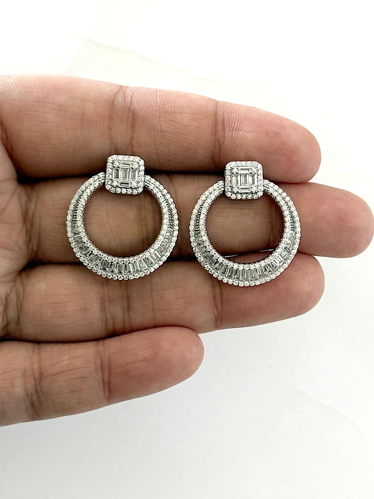 Round and Emerald Studded Earrings 925 Sterling Silvers