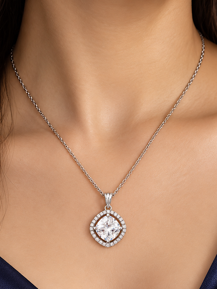 Halo Solitaire Pendant in 925 Sterling Silver
