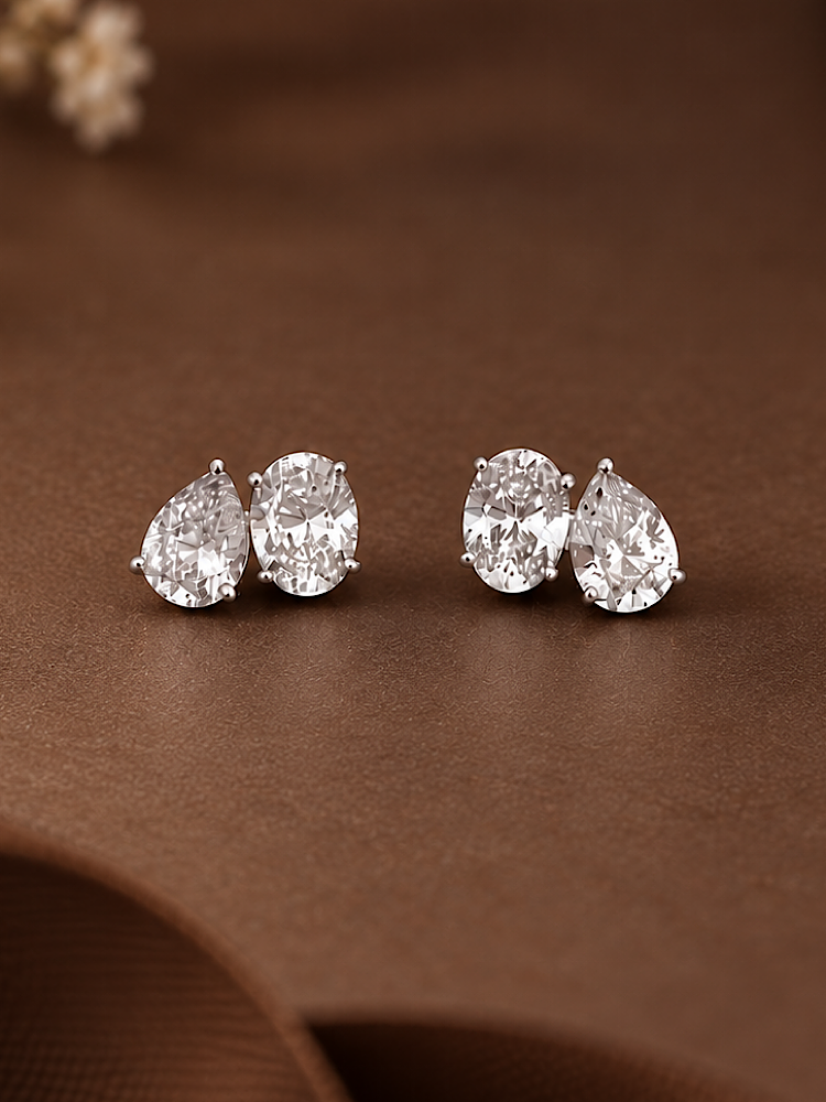 Oval & Pear Solitaire Studs in 92.5 Sterling Silver Toi et moi
