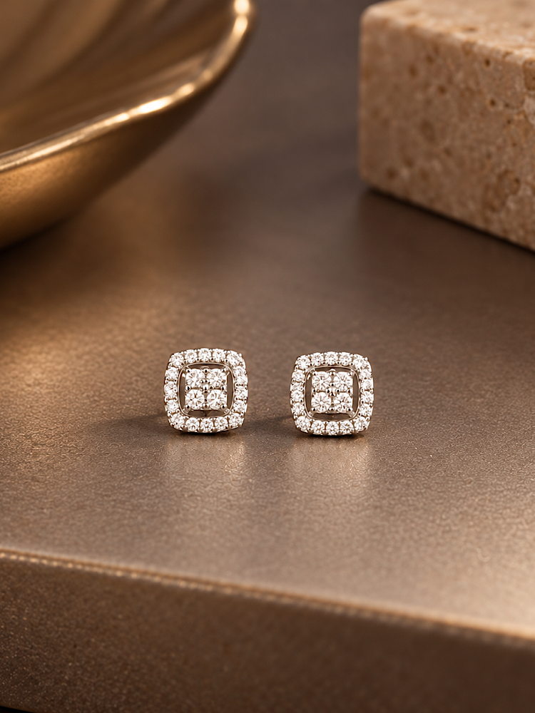 Cushion Cluster CZ Diamond Studs in 92.5 Sterling Silver