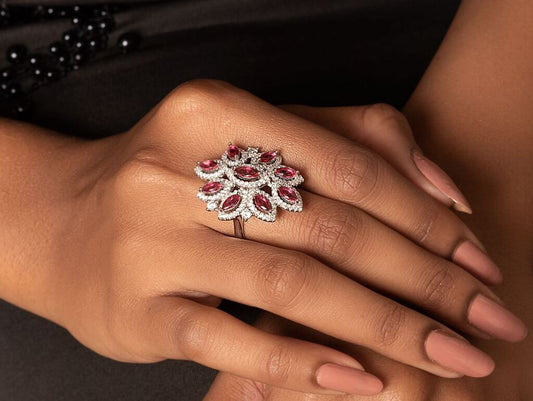 Red Floral Cocktail  Ring